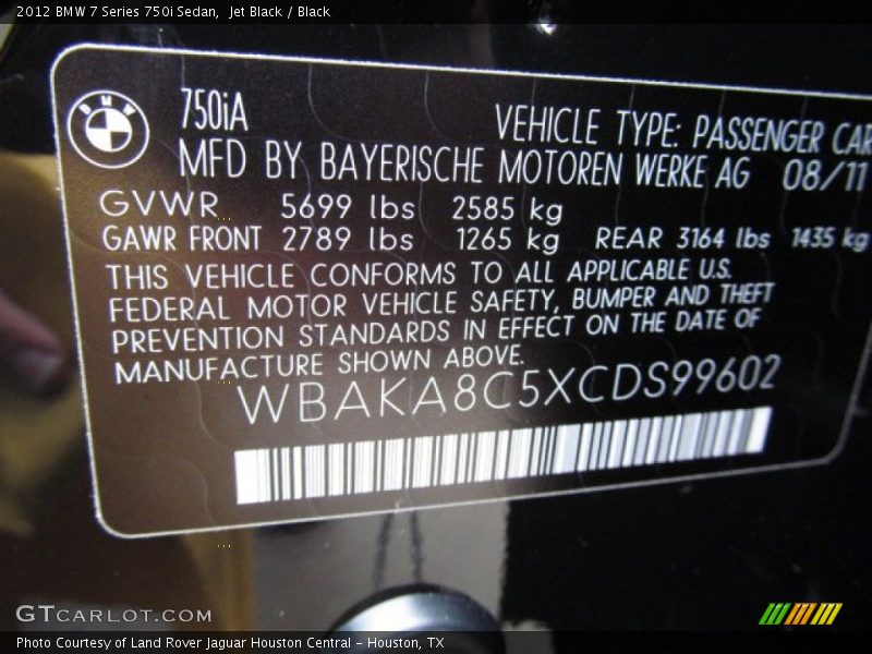 Jet Black / Black 2012 BMW 7 Series 750i Sedan
