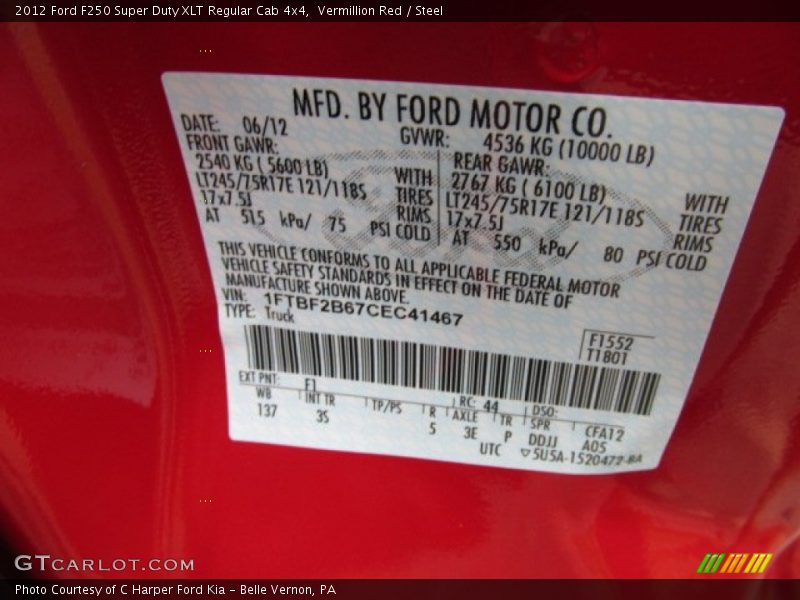 Vermillion Red / Steel 2012 Ford F250 Super Duty XLT Regular Cab 4x4