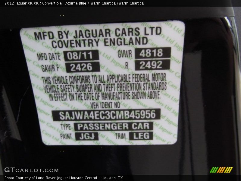 2012 XK XKR Convertible Azurite Blue Color Code JGJ