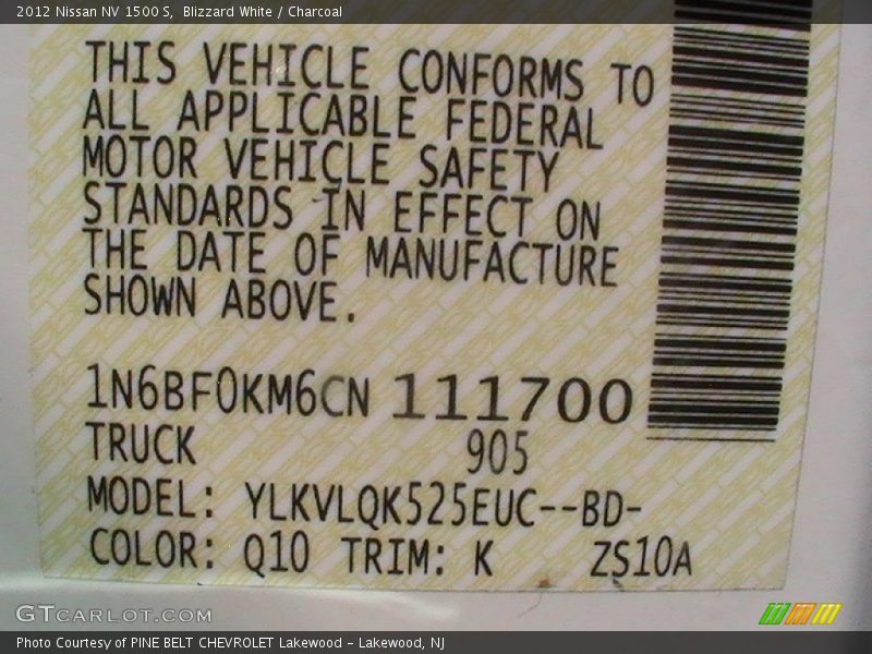 Blizzard White / Charcoal 2012 Nissan NV 1500 S