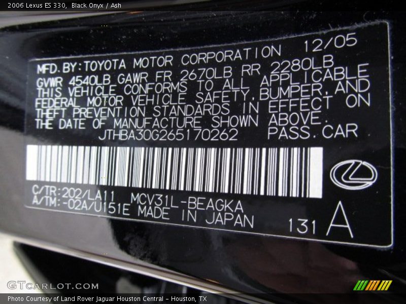 Black Onyx / Ash 2006 Lexus ES 330