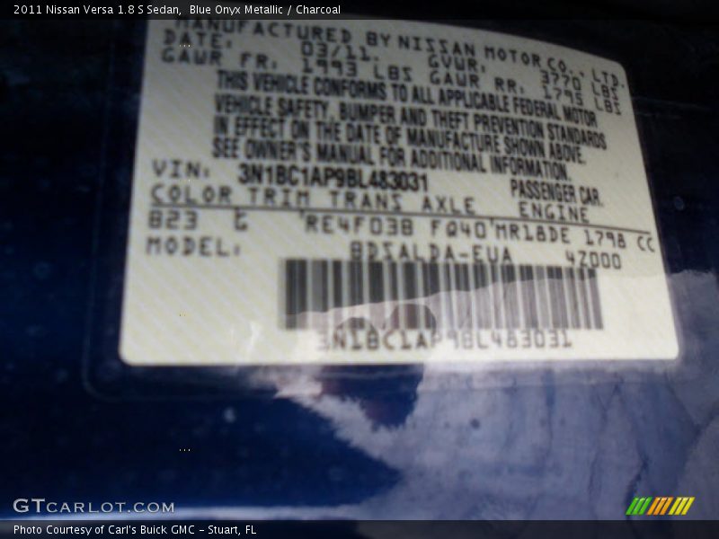 Blue Onyx Metallic / Charcoal 2011 Nissan Versa 1.8 S Sedan