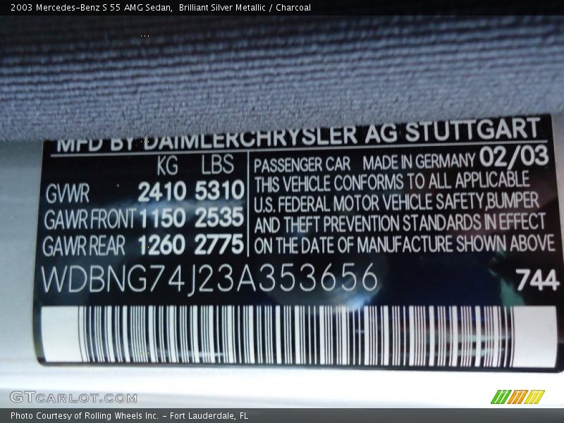 2003 S 55 AMG Sedan Brilliant Silver Metallic Color Code 744