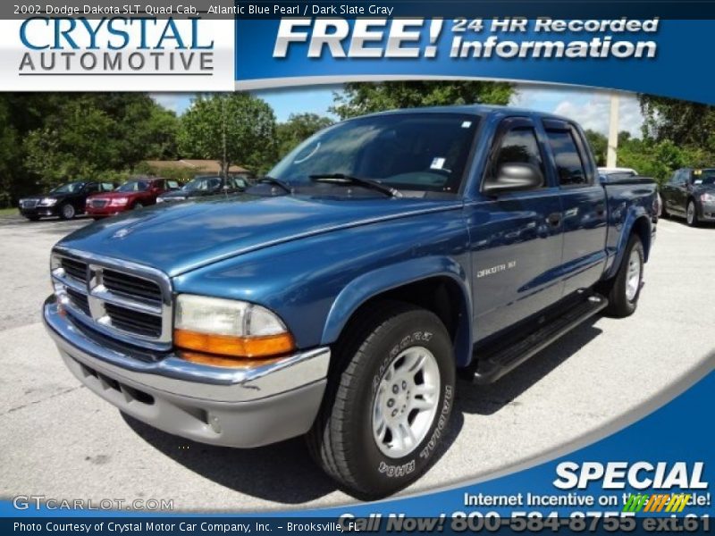 Atlantic Blue Pearl / Dark Slate Gray 2002 Dodge Dakota SLT Quad Cab
