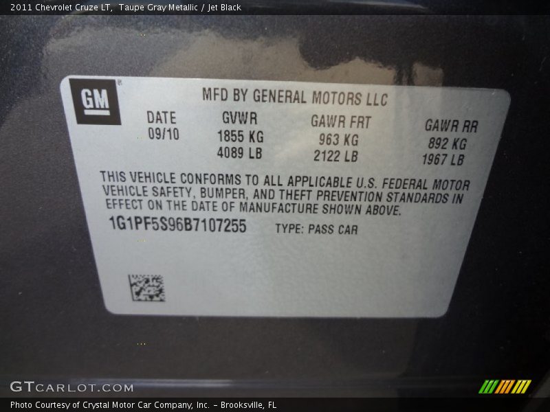 Taupe Gray Metallic / Jet Black 2011 Chevrolet Cruze LT