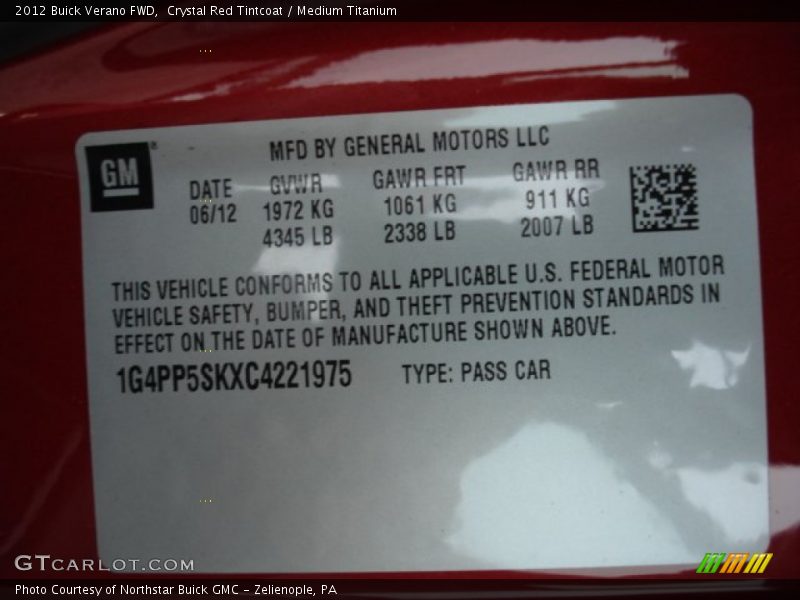Crystal Red Tintcoat / Medium Titanium 2012 Buick Verano FWD