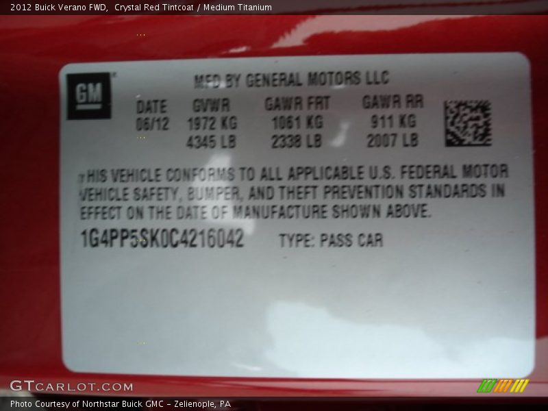 Crystal Red Tintcoat / Medium Titanium 2012 Buick Verano FWD