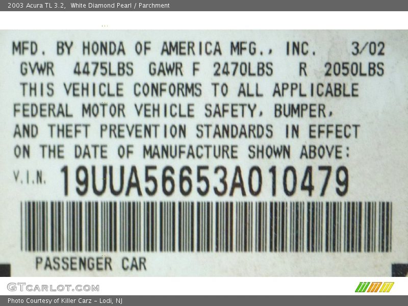 White Diamond Pearl / Parchment 2003 Acura TL 3.2