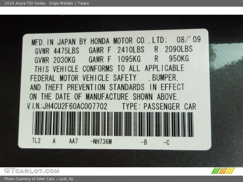 Grigio Metallic / Taupe 2010 Acura TSX Sedan