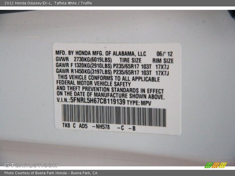Taffeta White / Truffle 2012 Honda Odyssey EX-L