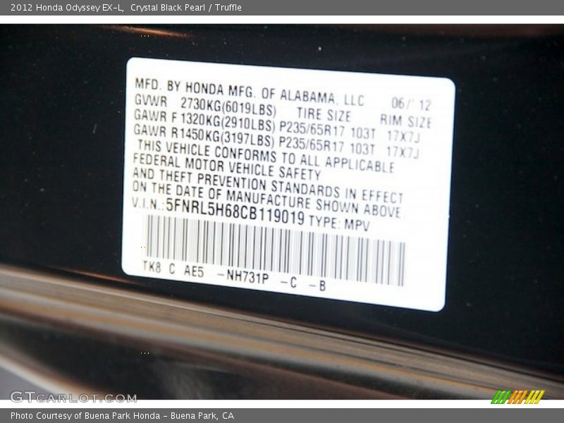 Crystal Black Pearl / Truffle 2012 Honda Odyssey EX-L