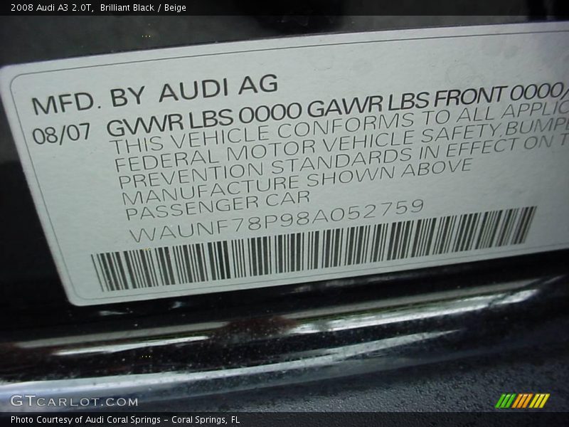 Brilliant Black / Beige 2008 Audi A3 2.0T