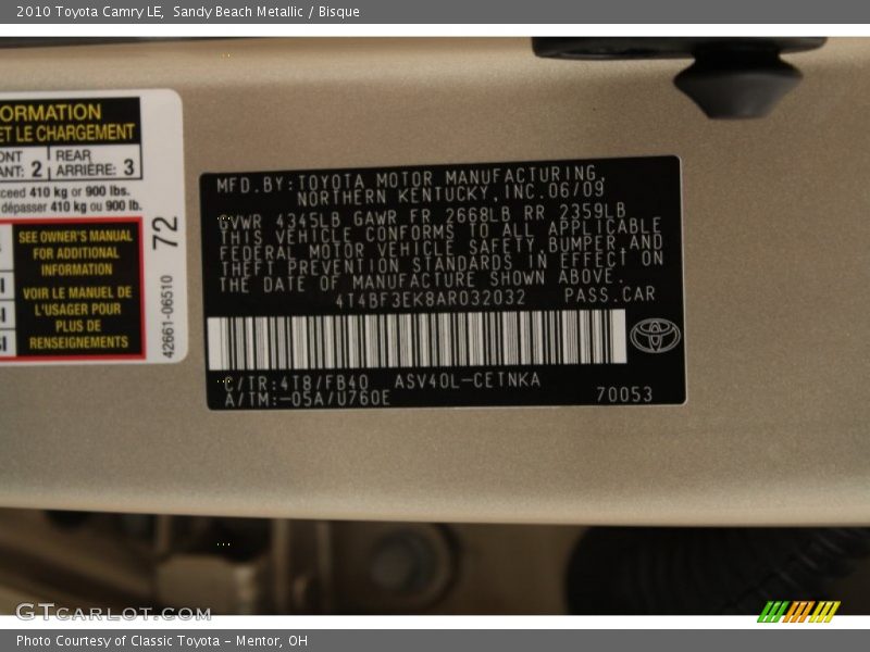 Sandy Beach Metallic / Bisque 2010 Toyota Camry LE
