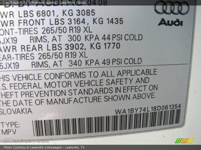 Calla White / Black 2008 Audi Q7 3.6 Premium quattro