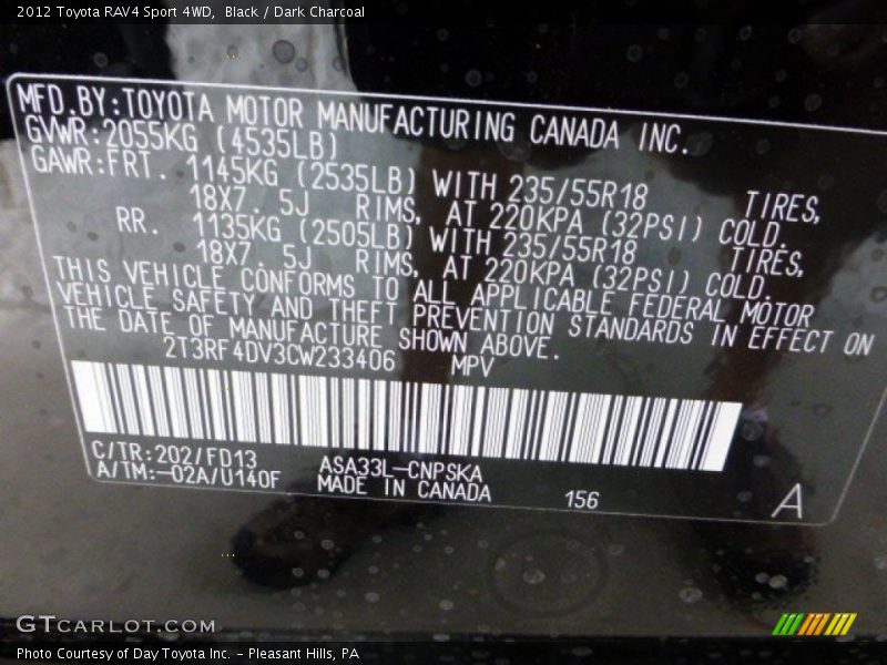 Black / Dark Charcoal 2012 Toyota RAV4 Sport 4WD