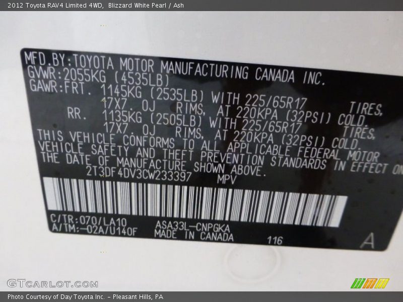 Blizzard White Pearl / Ash 2012 Toyota RAV4 Limited 4WD