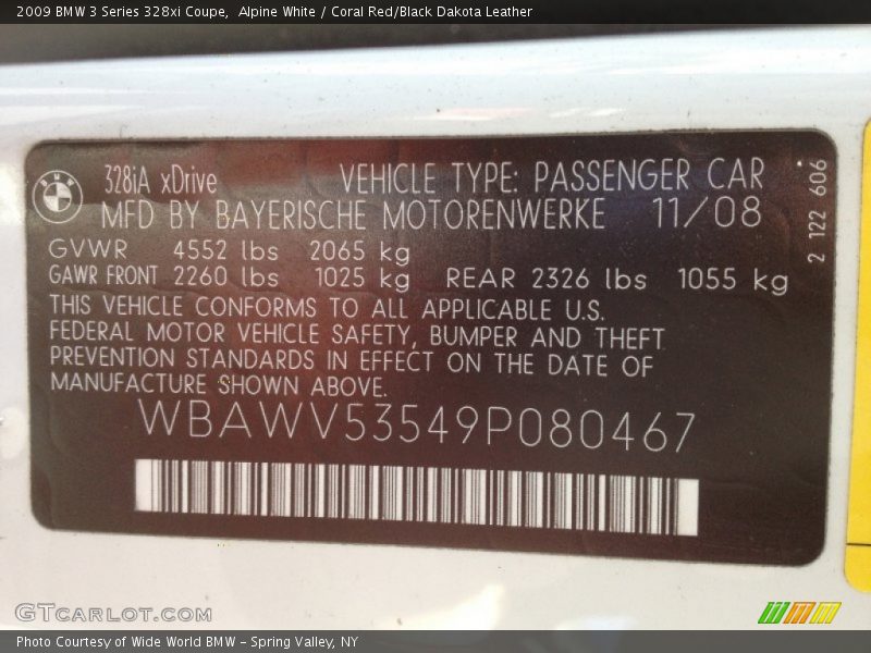 Alpine White / Coral Red/Black Dakota Leather 2009 BMW 3 Series 328xi Coupe