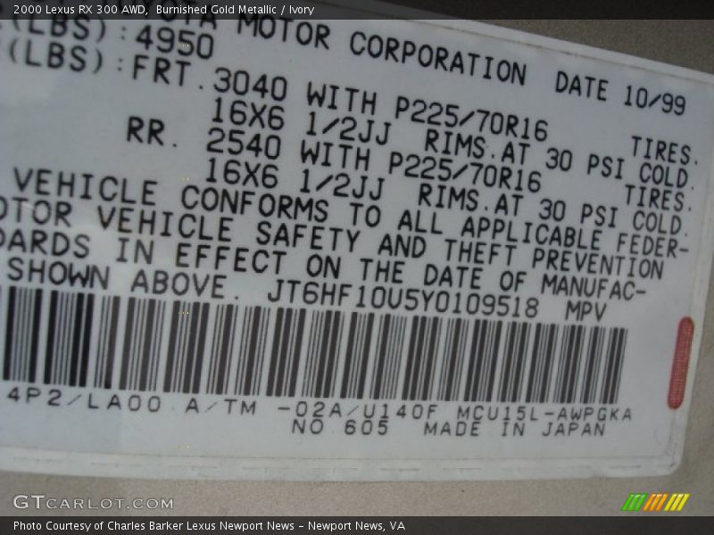 Burnished Gold Metallic / Ivory 2000 Lexus RX 300 AWD