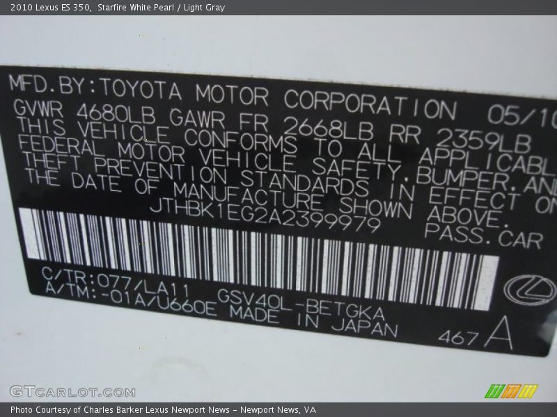 Starfire White Pearl / Light Gray 2010 Lexus ES 350
