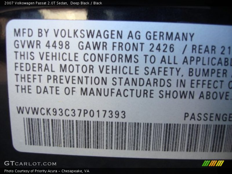 Deep Black / Black 2007 Volkswagen Passat 2.0T Sedan