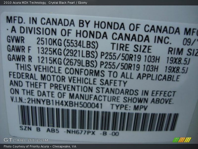 Crystal Black Pearl / Ebony 2010 Acura MDX Technology
