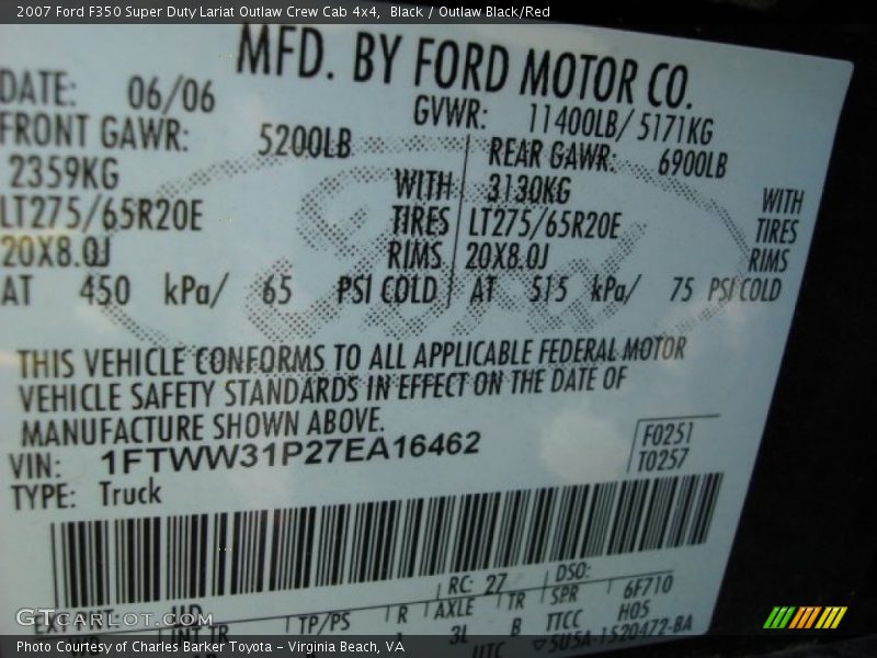 2007 F350 Super Duty Lariat Outlaw Crew Cab 4x4 Black Color Code UD