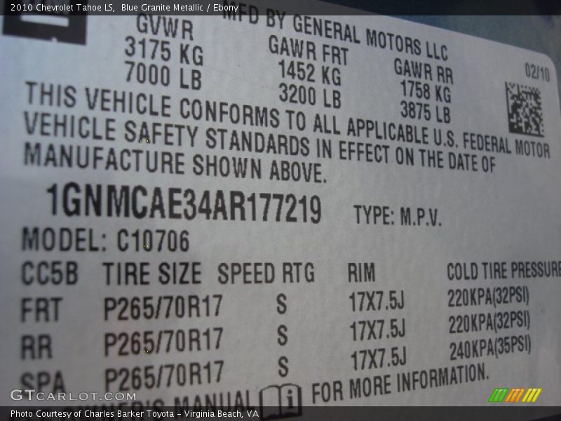 Blue Granite Metallic / Ebony 2010 Chevrolet Tahoe LS