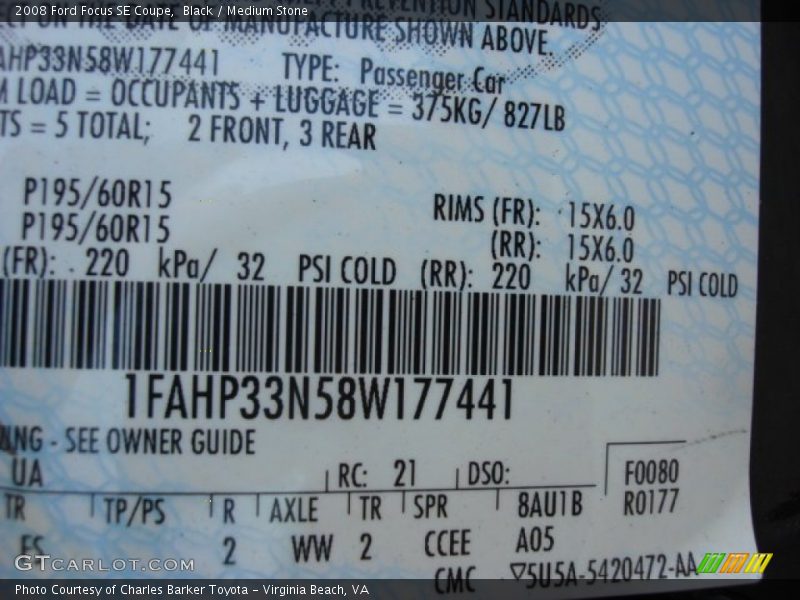 Black / Medium Stone 2008 Ford Focus SE Coupe