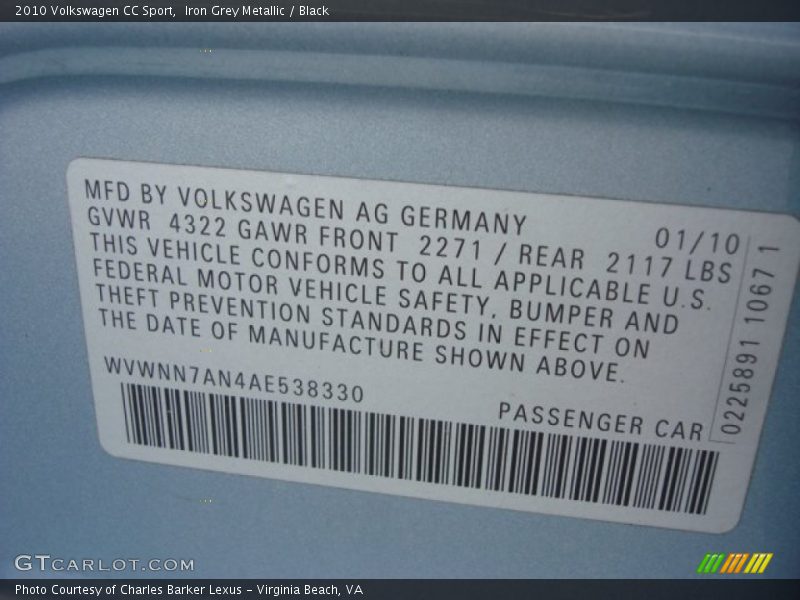 Iron Grey Metallic / Black 2010 Volkswagen CC Sport