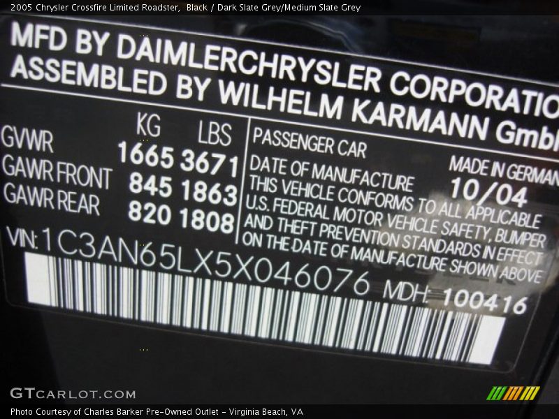 Black / Dark Slate Grey/Medium Slate Grey 2005 Chrysler Crossfire Limited Roadster