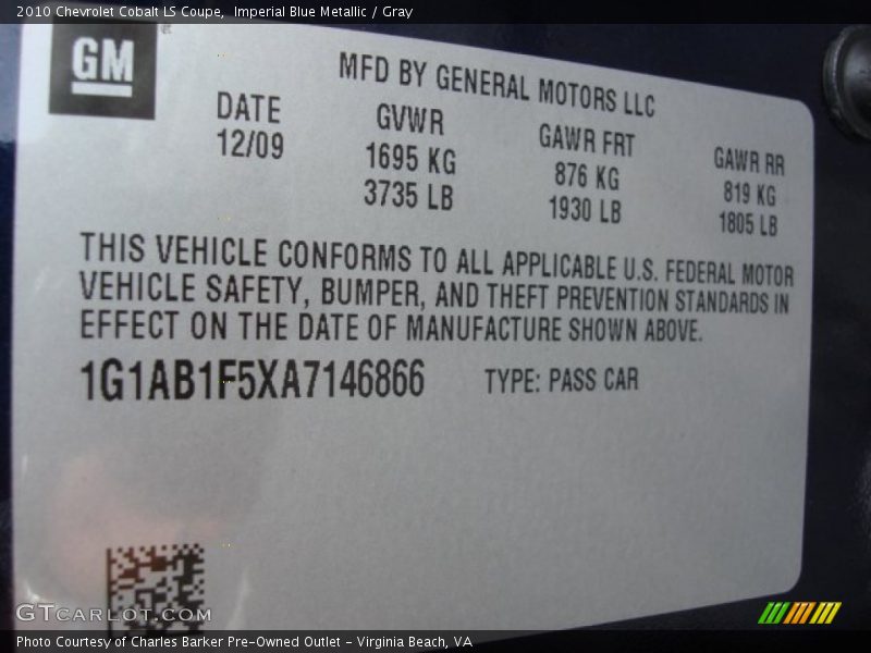 Imperial Blue Metallic / Gray 2010 Chevrolet Cobalt LS Coupe