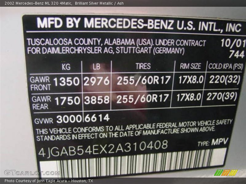 Brilliant Silver Metallic / Ash 2002 Mercedes-Benz ML 320 4Matic