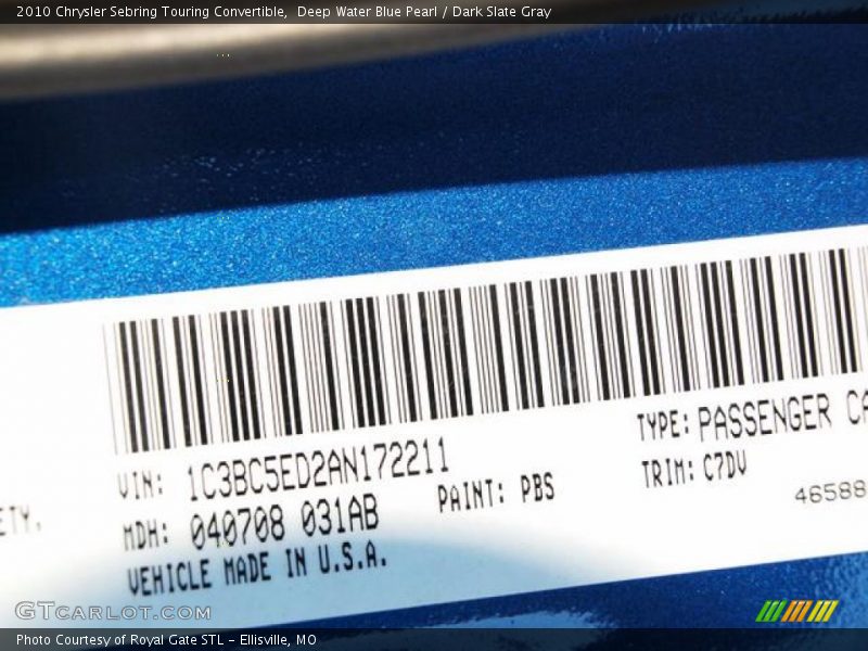 Deep Water Blue Pearl / Dark Slate Gray 2010 Chrysler Sebring Touring Convertible