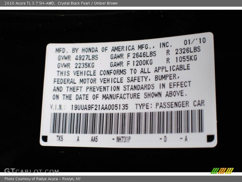 2010 TL 3.7 SH-AWD Crystal Black Pearl Color Code NH731P