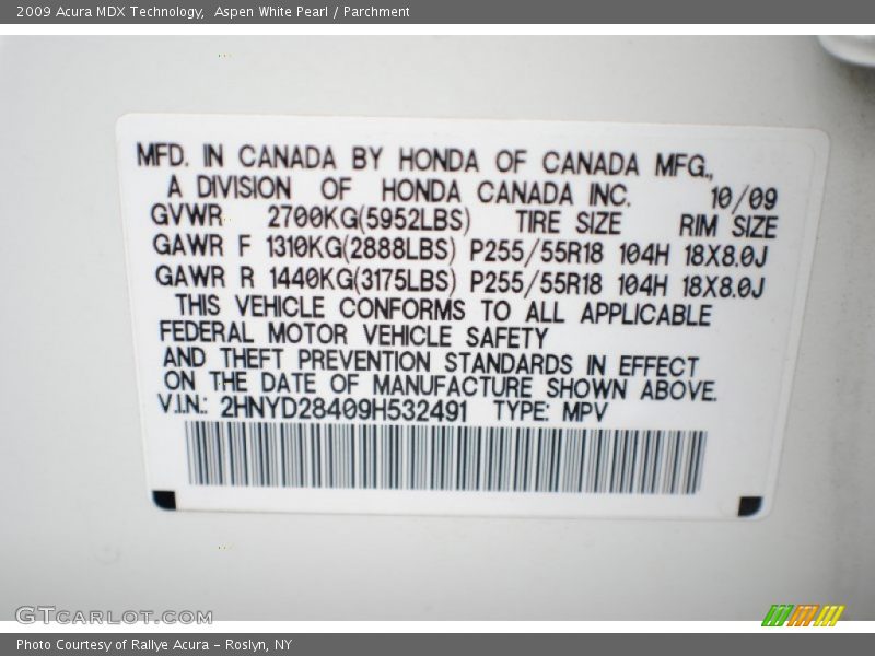 Aspen White Pearl / Parchment 2009 Acura MDX Technology