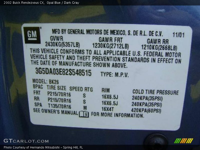 Opal Blue / Dark Gray 2002 Buick Rendezvous CX