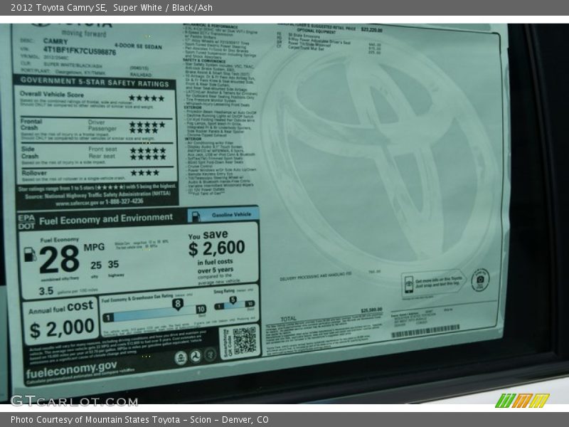 Super White / Black/Ash 2012 Toyota Camry SE