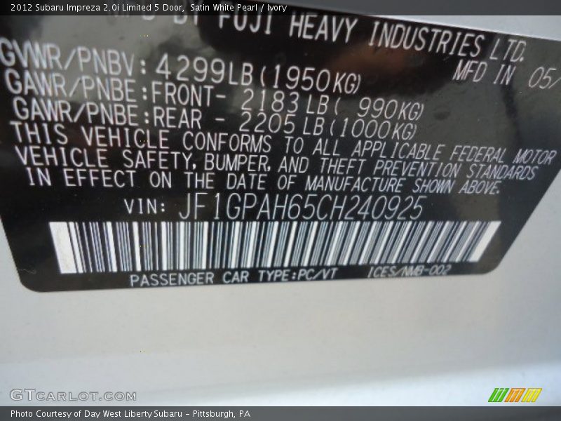 Satin White Pearl / Ivory 2012 Subaru Impreza 2.0i Limited 5 Door