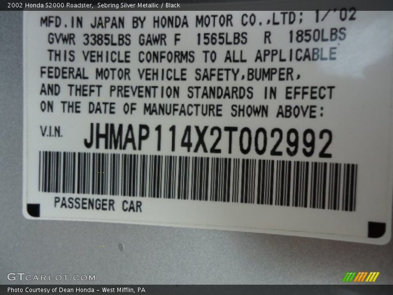 Sebring Silver Metallic / Black 2002 Honda S2000 Roadster