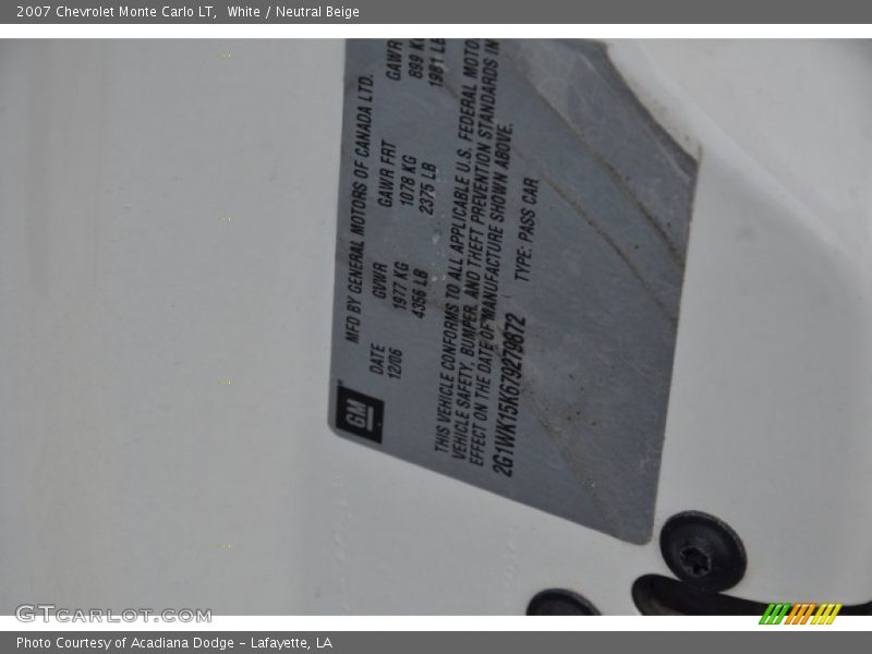 White / Neutral Beige 2007 Chevrolet Monte Carlo LT