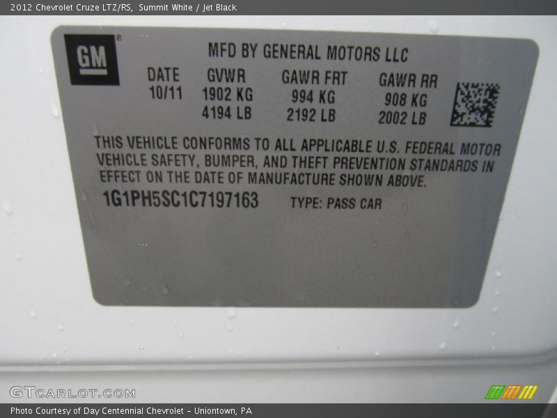 Summit White / Jet Black 2012 Chevrolet Cruze LTZ/RS