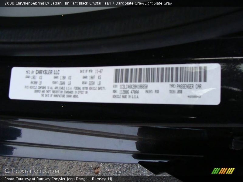 Brilliant Black Crystal Pearl / Dark Slate Gray/Light Slate Gray 2008 Chrysler Sebring LX Sedan