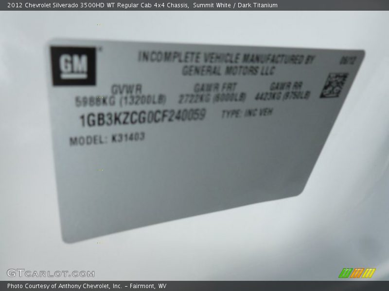 Summit White / Dark Titanium 2012 Chevrolet Silverado 3500HD WT Regular Cab 4x4 Chassis