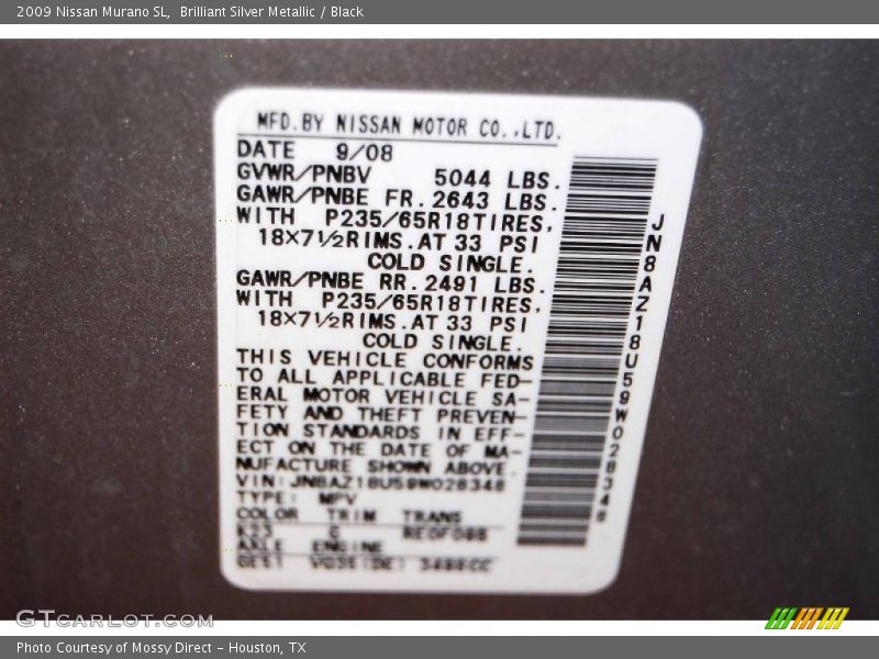 Brilliant Silver Metallic / Black 2009 Nissan Murano SL