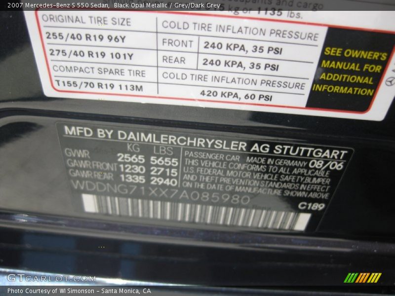 Black Opal Metallic / Grey/Dark Grey 2007 Mercedes-Benz S 550 Sedan
