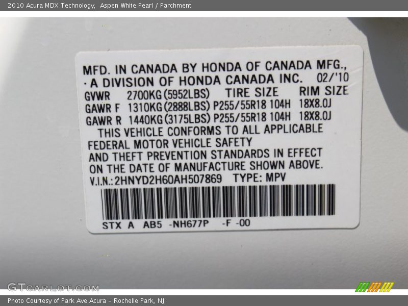 Aspen White Pearl / Parchment 2010 Acura MDX Technology