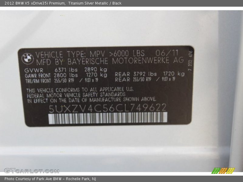 Titanium Silver Metallic / Black 2012 BMW X5 xDrive35i Premium
