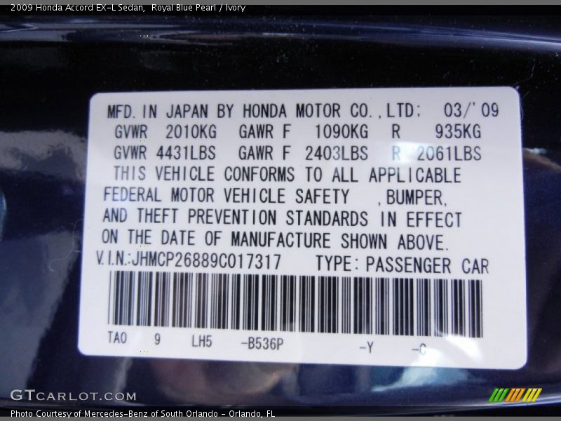 2009 Accord EX-L Sedan Royal Blue Pearl Color Code B536P