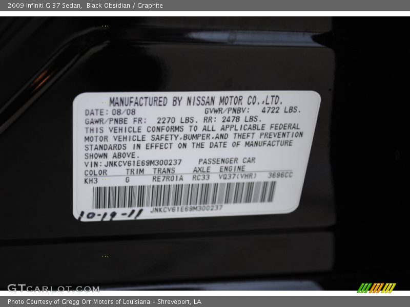2009 G 37 Sedan Black Obsidian Color Code KH3
