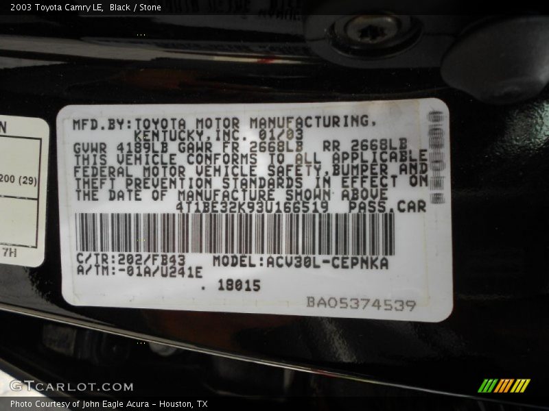 Black / Stone 2003 Toyota Camry LE